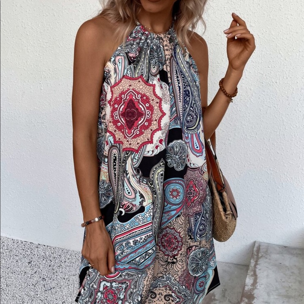 Boho Floral Paisley Print Halter Mini Dress - Picture 5 of 11